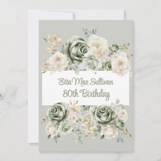 Ivoor Sage groene Rozen Bloemen 80ste verjaardag F Kaart (Achterkant)