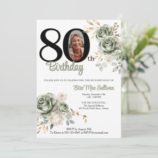 Ivoor Sage groene Rozen Bloemen 80ste verjaardag F Kaart (Staand voorkant)