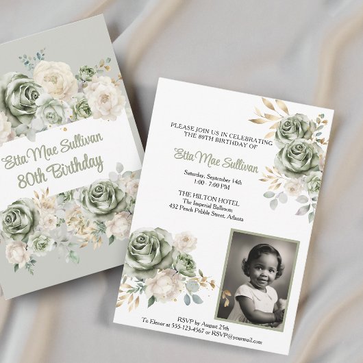 Ivoor Sage groene Rozen Bloemen 80ste verjaardag F Kaart
