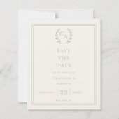 Ivoor saliegroen monogram trouw Save the Date (Voorkant)