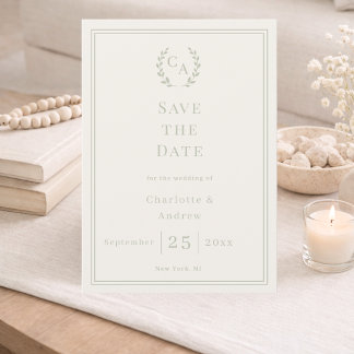Ivoor saliegroene monogram krans bruiloft save the date