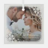 Ivoor Snowflakes Lijst Chic Vakantie Trouwfoto Glas Ornament (Voorkant)