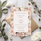 Ivoor stoffige roze mauve bloemen bruiloft kaart