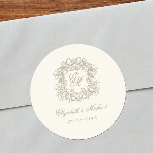 Ivoor Taupe Elegante Vintage Monogram Wapen Huweli Ronde Sticker