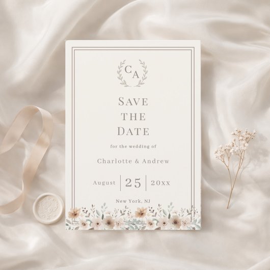 Ivoor taupe monogram bloemenkrans bruiloft save the date