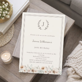 Ivoor taupe monogram krans bloemen verjaardag kaart