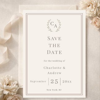 Ivoor taupe monogram krans bruiloft save the date