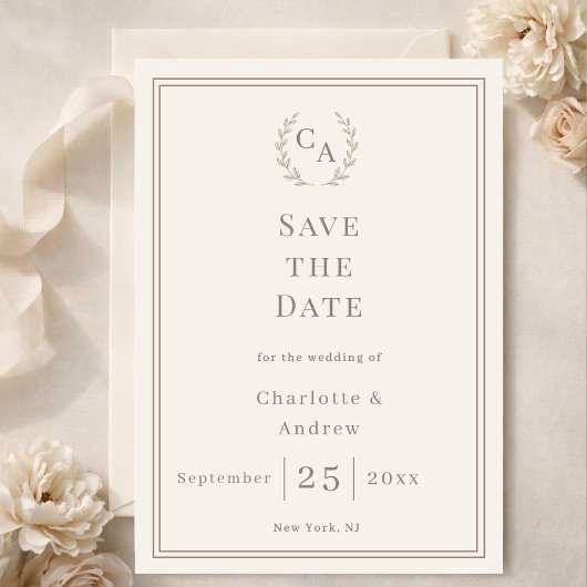 Ivoor taupe monogram krans bruiloft save the date