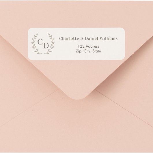 Ivoor taupe monogram krans retouradres etiket