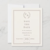 Ivoor taupe monogram krans trouwkaart Save the Dat (Voorkant)