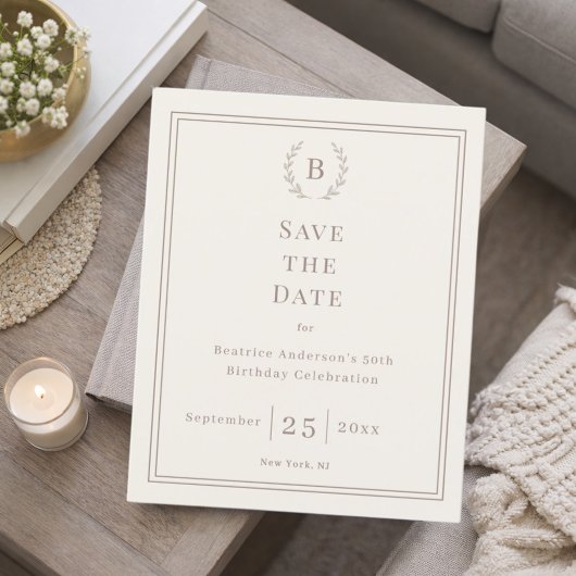 Ivoor taupe monogram krans verjaardag save the dat