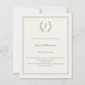 Ivoor taupe monogram krans verjaardagsuitnodiging (Voorkant)