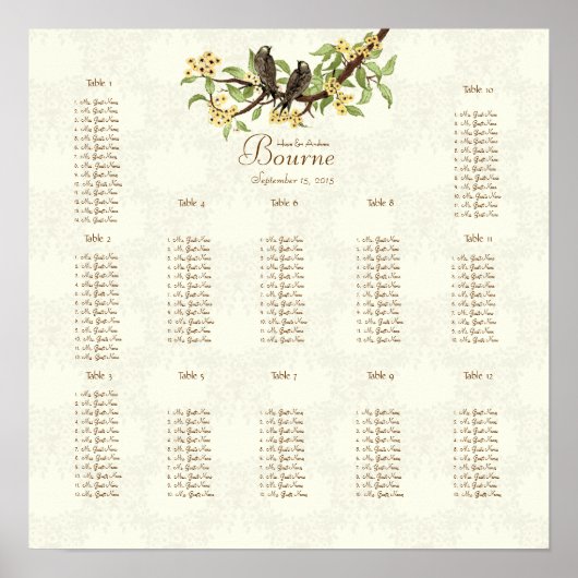 Ivoor  Tortelduifjes Gele bloei 12 Tafels Poster (Voorkant)