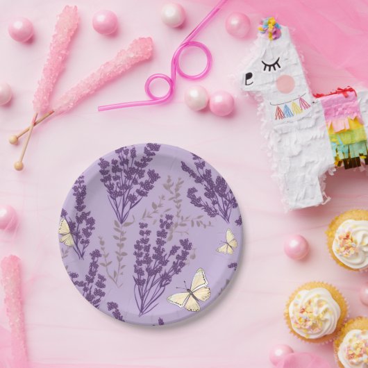 Ivoor Vlinders en Lavendel Bloemen Papieren Bordje (Feest)