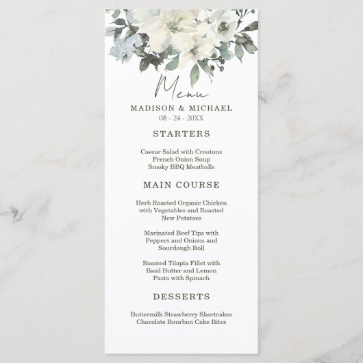 Ivoor Waterverf Bloemen Rustiek Salie Groen Huweli Menu (Voorkant)