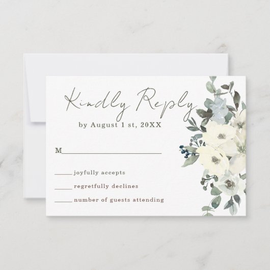 Ivoor Waterverf Bloemen Rustiek Salie Groen Huweli RSVP Kaartje (Voorkant)