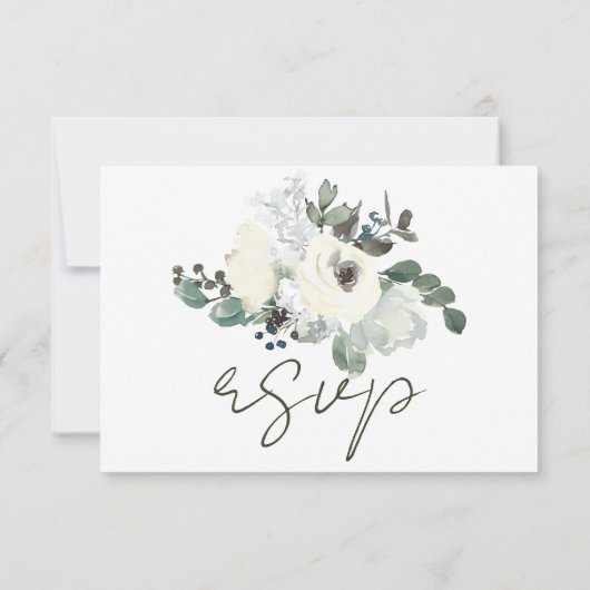 Ivoor Waterverf Bloemen Rustiek Salie Groen Huweli RSVP Kaartje (Achterkant)