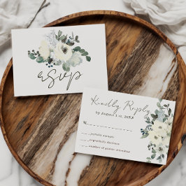 Ivoor Waterverf Bloemen Rustiek Salie Groen Huweli RSVP Kaartje
