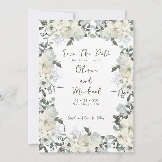 Ivoor Waterverf Floral Sage Green Foto Wedding Save The Date (Voorkant)