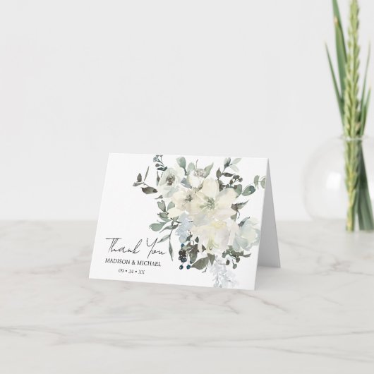 Ivoor Waterverf Floral Sage Green Wedding Bedankkaart (Voorkant)