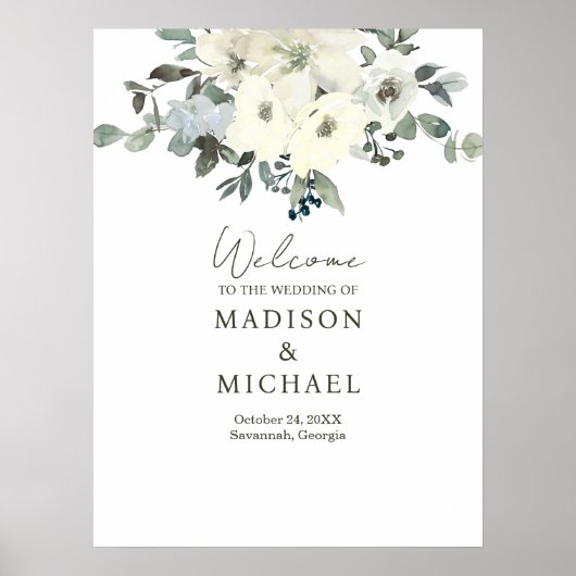Ivoor Waterverf Floral Sage Wedding Welkomstbord Poster (Voorkant)
