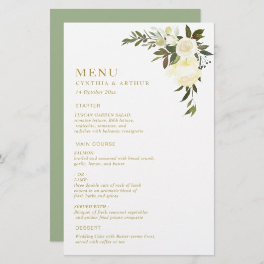 ivoor - waterverf florale groen trouwmenu (Voorkant / Achterkant)