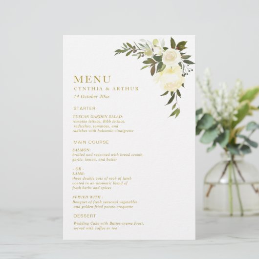ivoor - waterverf florale groen trouwmenu (Staand voorkant)