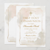 Ivoor Waterverf Goudkruis Eerste Heilige Communie Kaart (Voorkant / Achterkant)