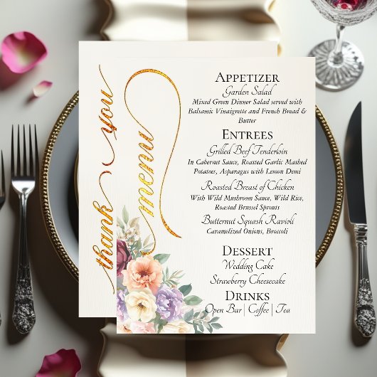 Ivoor - Wilde bloemen, monogram & bedankt Menu