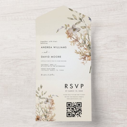 Ivoor Wildflower Garden Herfst Botanische bruiloft All In One Uitnodiging (Binnen)
