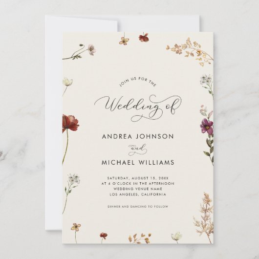 Ivoor Wildflowers Lijst en foto delicate bruiloft Kaart (Voorkant)