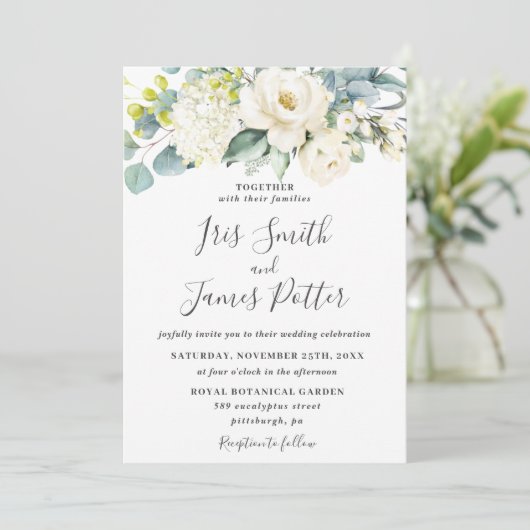 Ivoor Wit Bloemen Eucalyptus Groen Bruiloft Kaart (Staand voorkant)