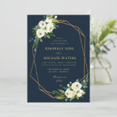 Ivoor wit bloemen geometrische marine bruiloft kaart (Staand voorkant)