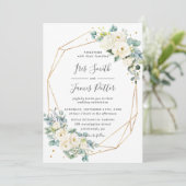 Ivoor Wit Bloemen Groen Goud Geometrisch Bruiloft Kaart (Staand voorkant)