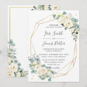 Ivoor Wit Bloemen Groen Goud Geometrisch Bruiloft Kaart (Voorkant / Achterkant)