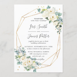 Ivoor Wit Bloemen Groen Goud Geometrisch Bruiloft Kaart