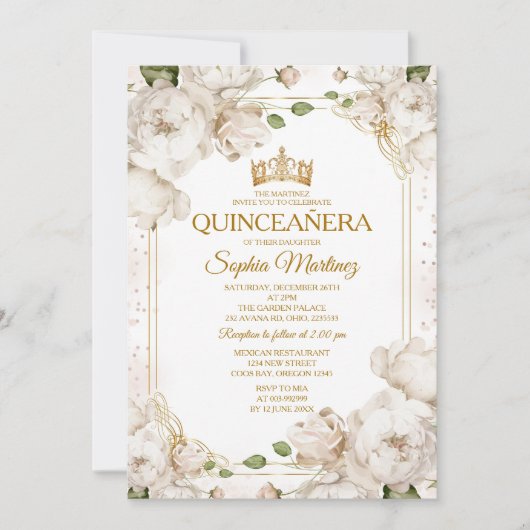 Ivoor Wit Bloemen Mexicaans Goud Charra Mis Quince Kaart (Voorkant)