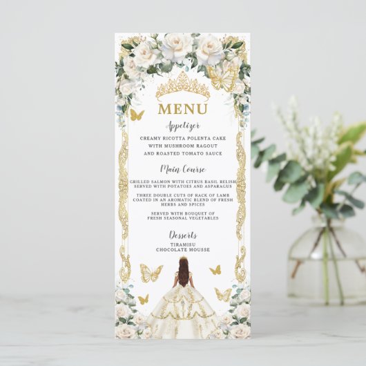 Ivoor Wit Bloemen Quinceañera Bruin Prinses Menu (Staand voorkant)