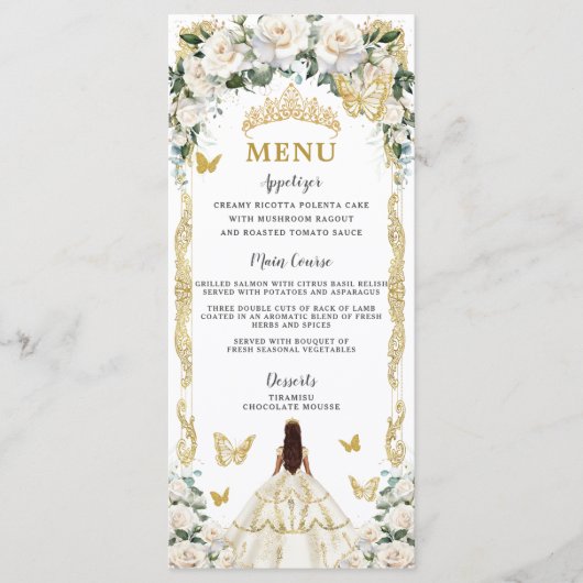 Ivoor Wit Bloemen Quinceañera Bruin Prinses Menu (Voorkant)