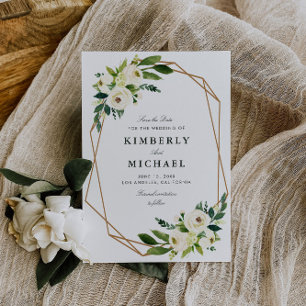 Ivoor wit bloemengeometrisch bewaar de datumkaart save the date