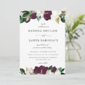 Ivoor wit Pruim Paarse Bloemen Bruiloft Kaart (Staand voorkant)