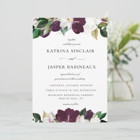 Ivoor wit Pruim Paarse Bloemen Bruiloft Kaart (Staand voorkant)