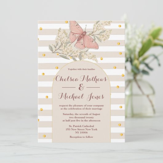 ivoor wit roze vlinder bruiloft kaart (Staand voorkant)