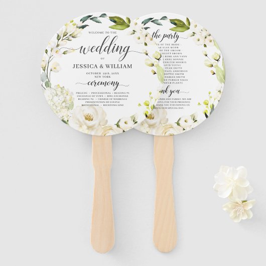 Ivoor wit rozen groen bloemenbruiloft programma handwaaier (Voorkant en achterkant)