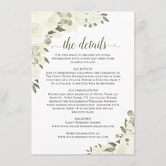 Ivoor wit rozen rustieke boho chique bruiloft deta informatiekaartje (Voorkant)