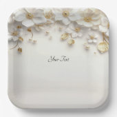 Ivoor Witte Bloem Gouden Bladeren Papieren Bord (Voorkant)