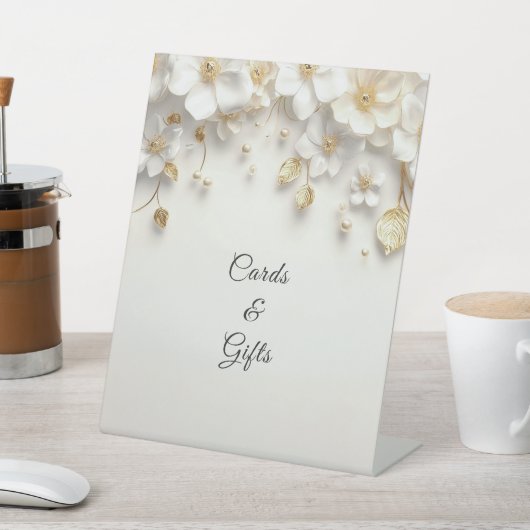 Ivoor Witte Bloem Gouden Bladeren Tafelbordjes Reclamebord Met Voetstuk (Insitu)