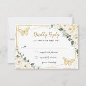 Ivoor Witte Bloem Gouden Quinceañera Prinses Antwo RSVP Kaartje (Voorkant)