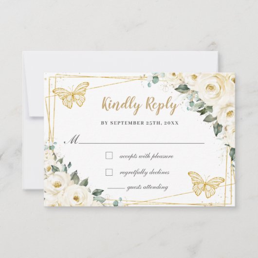 Ivoor Witte Bloem Gouden Quinceañera Prinses Antwo RSVP Kaartje (Voorkant)