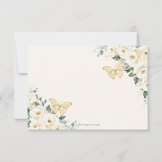 Ivoor Witte Bloem Gouden Quinceañera Prinses Antwo RSVP Kaartje (Achterkant)